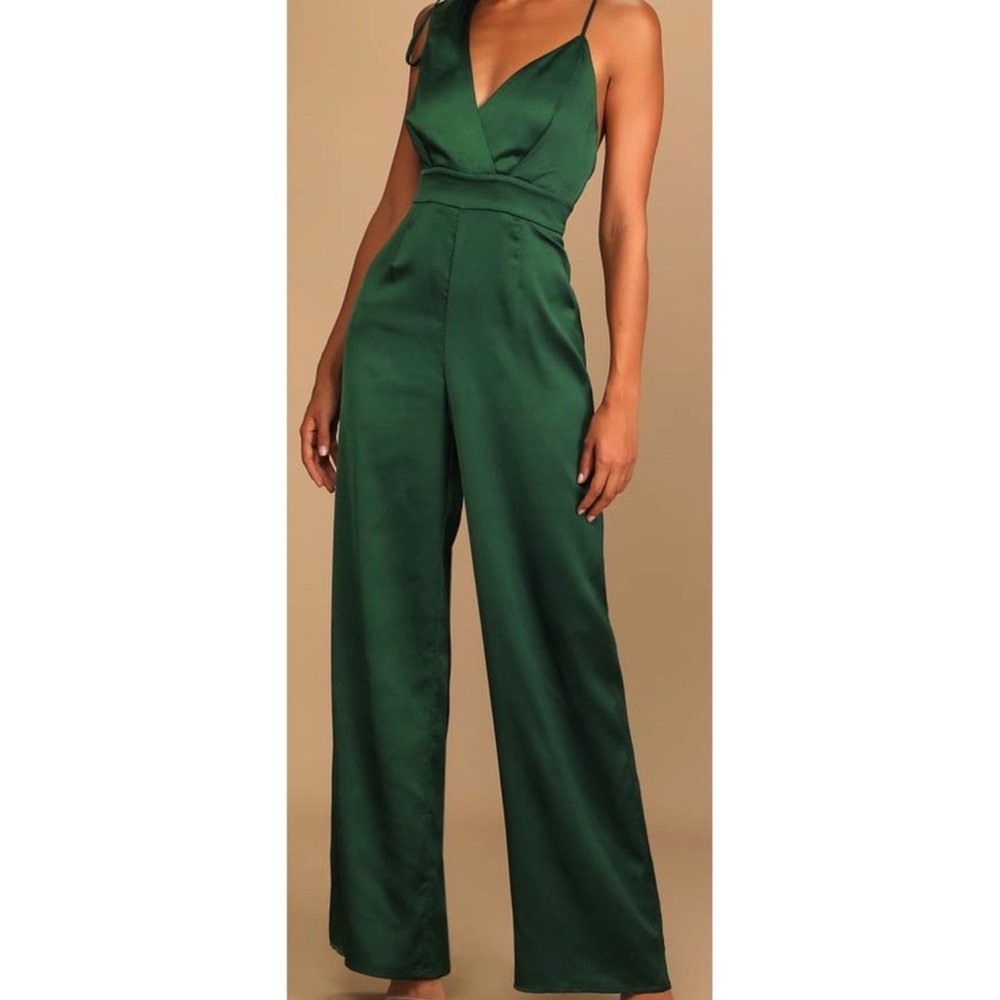 Lulu’s Emerald Green Satin Asymmetrical Wide-Leg Jumpsuit